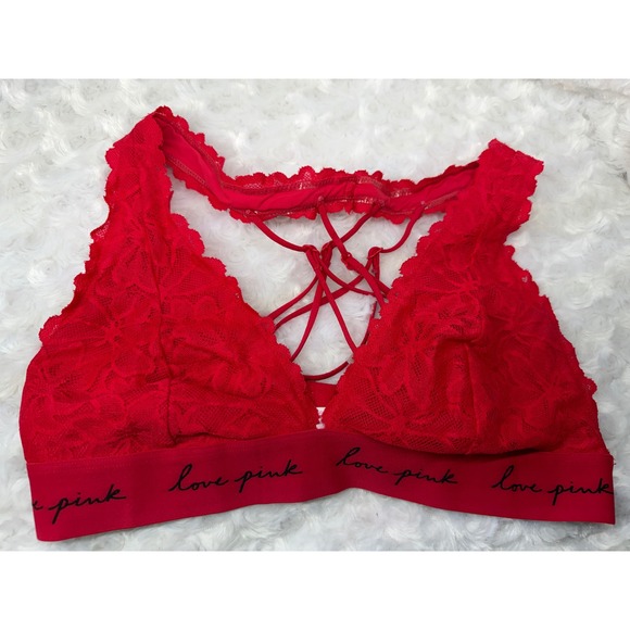 PINK Victoria's Secret Other - Victorias Secret PINK Red Floral Lace Strappy Back Bralette Love Band Medium